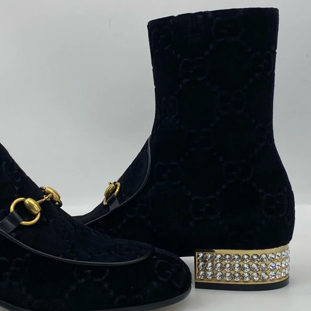Gucci horsebit GG black velvet crystal heel ankle - Picture 4 of 12